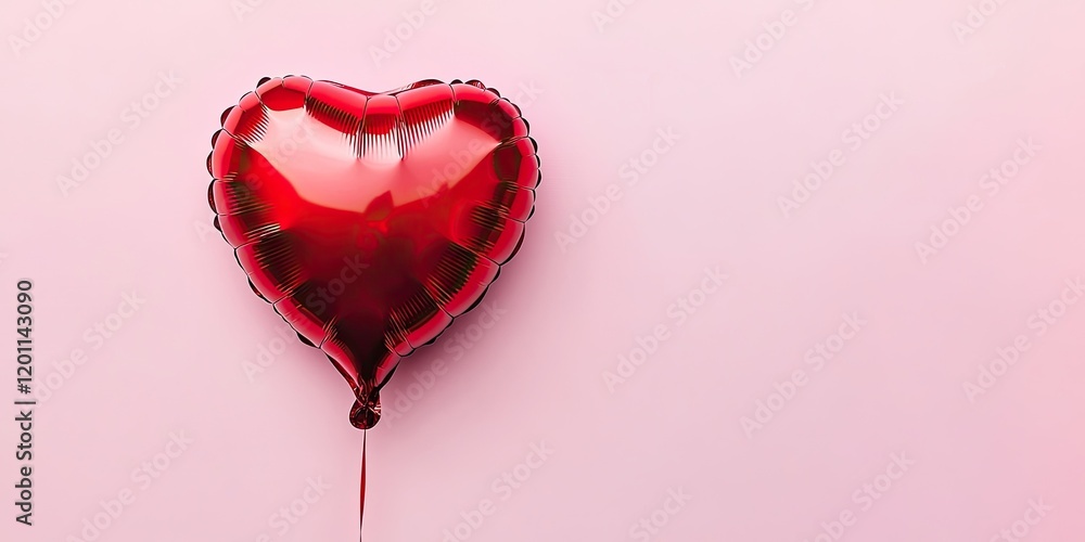 Poster red heart-shaped balloon positioned on the right side of a soft pink backdrop creating a whimsical f