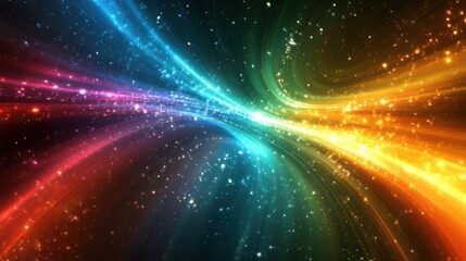 Colorful light trails create a vibrant cosmic effect in a starry background