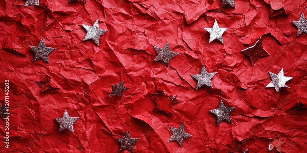 Poster crumpled red fabric background adorned with scattered silver stars creating a festive theme with vib
