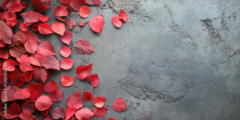 Poster Scattered red leaves on a textured grey cement floor create a vibrant contrast with ample negative space for overlay text and background use