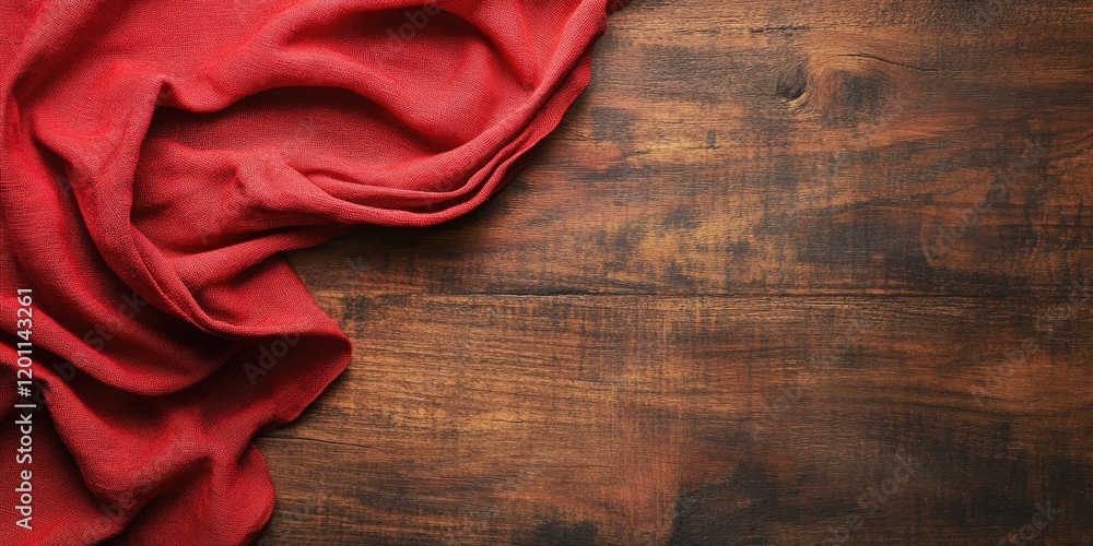 Poster red tablecloth draped on dark wooden surface from above with ample negative space for text elements 