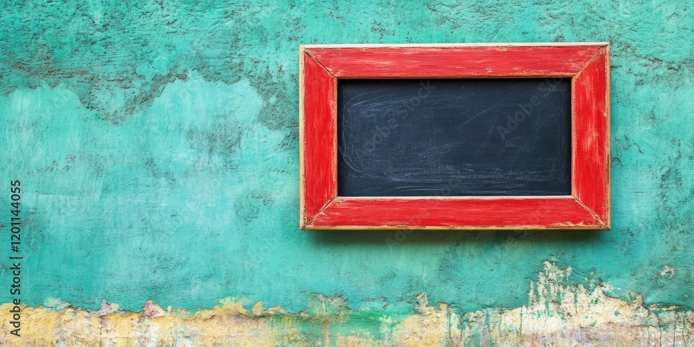 Poster red wooden frame on a textured green wall with a blank chalkboard in the center providing ample copy