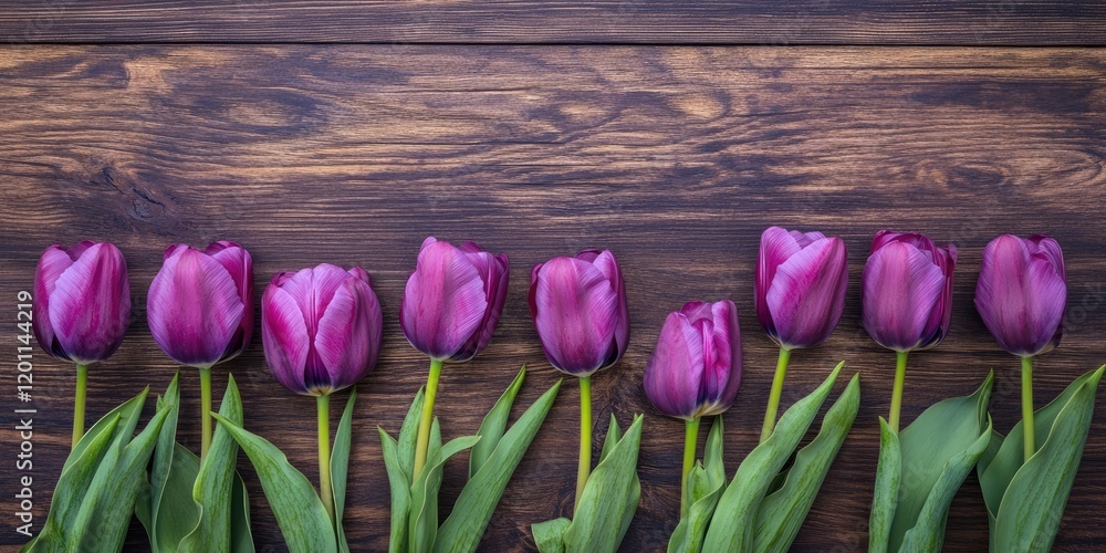Poster purple tulips arranged in a line on a rustic wooden table with dark brown tones featuring ample copy