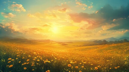 Golden sunrise over a vibrant flower field with a clear blue sky and distant mountains