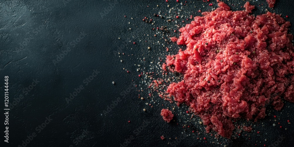 Poster vibrant red minced beef pile on a dark textured background with scattered spices creating a contrast