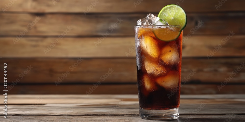 Poster refreshing cuba libre cocktail in a tall glass with crushed ice and lime wedge on top against a rust
