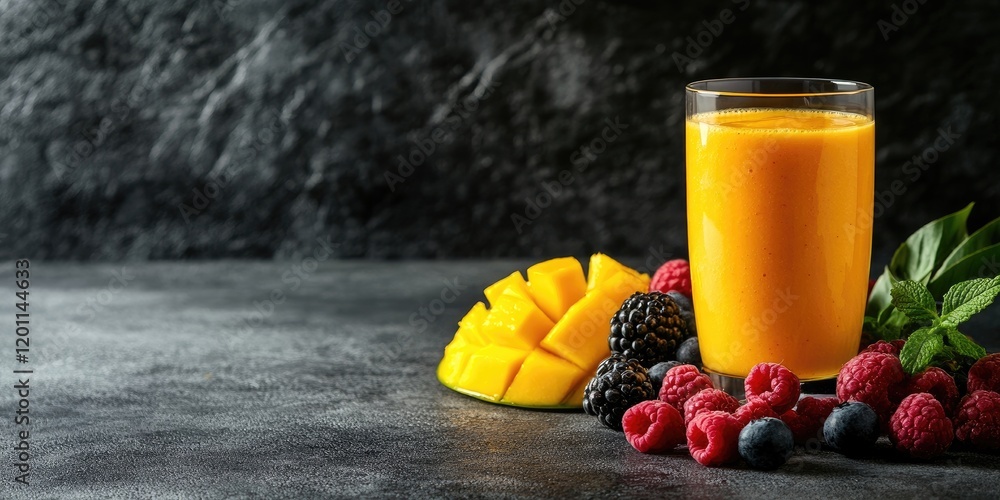 Poster refreshing mango smoothie in a clear glass with sliced mango raspberries and blackberries on a textu