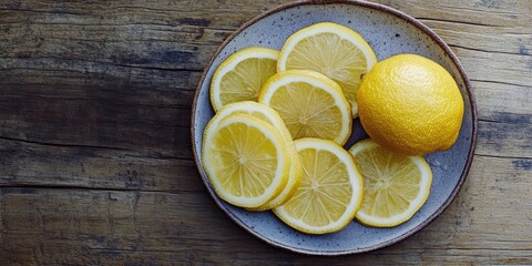 Lemon slices neatly arranged on a gray plate with a whole lemon to the right on a rustic wooden table viewed from above. Bright yellow hues dominate.