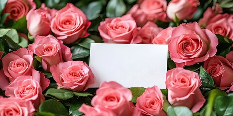 Naklejka premium Soft pink roses arranged in a lush wreath with green leaves surrounding a blank white card positioned centrally for messaging or notes.