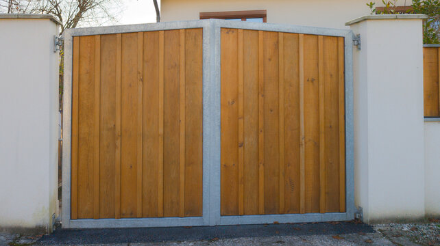 wall wooden double fence street wood barrier modern steel house protect home garden