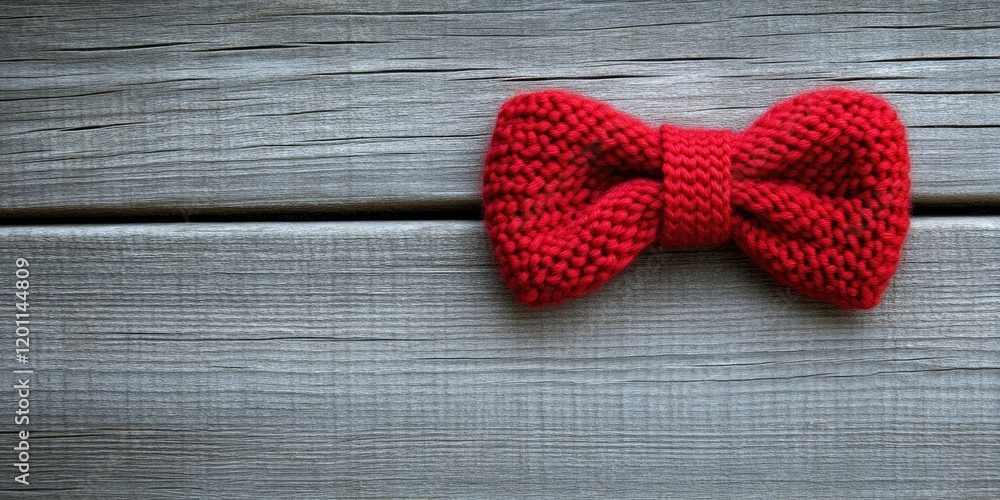 Poster red knitted bow resting on a grey wooden background with soft texture positioned to the left, perfec