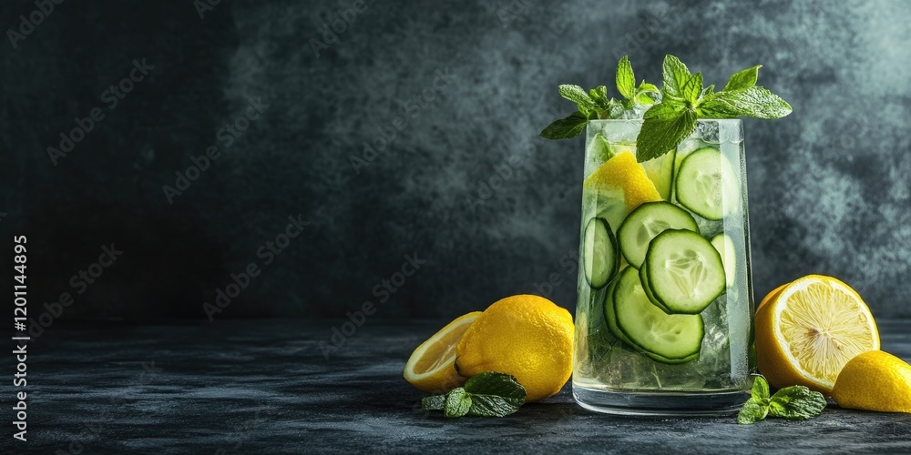 Poster refreshing detox cocktail with sliced cucumber and lemon in a tall glass garnished with mint against