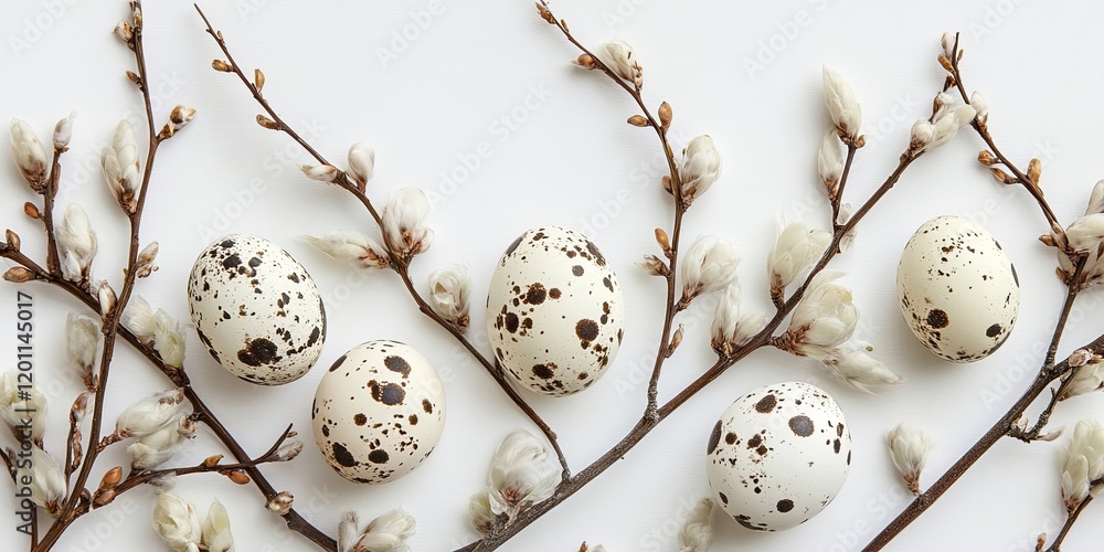 Poster Quail eggs with speckled patterns arranged alongside soft willow branches on a bright white background creating a serene spring composition