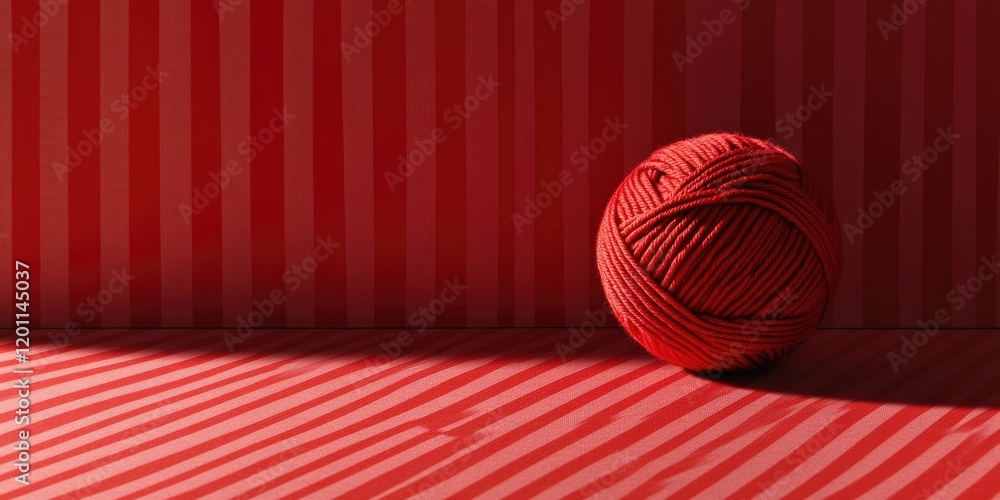Poster vibrant red yarn ball positioned on a striped red background with soft shadows creating depth and co