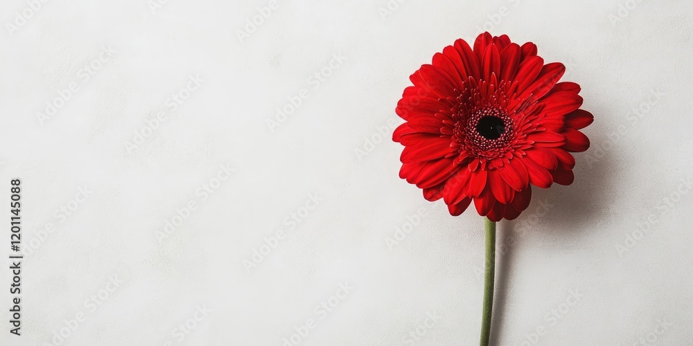 Poster bright red gerbera flower positioned to the left against a soft white background with ample copy spa