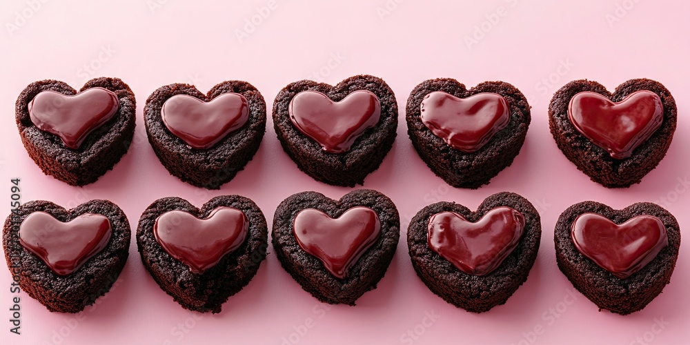Aufkleber heart-shaped brownie cookies with glossy red icing arranged in two rows on a soft pink background pe