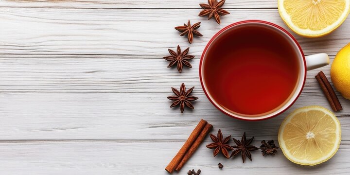 Red tea cup on white wooden surface with lemon slices star anise and cinnamon sticks arranged artistically around the cup top view - Powered by Adobe
