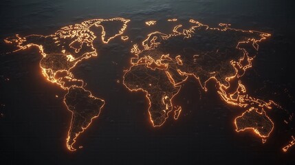Orange glowing lines highlighting world map, emphasizing global interconnectedness and international borders © Erich