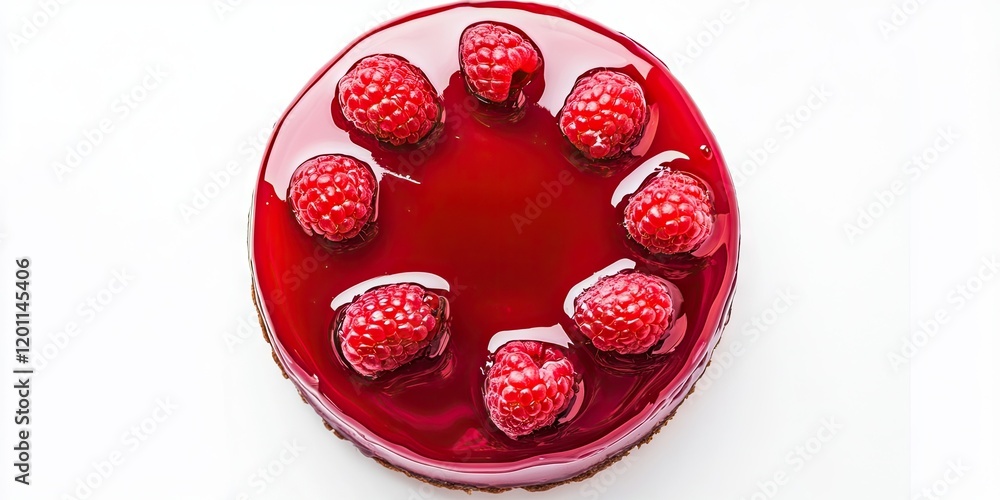 Poster raspberry jelly cake top view with vibrant red jelly and fresh raspberries arranged in a circle on a