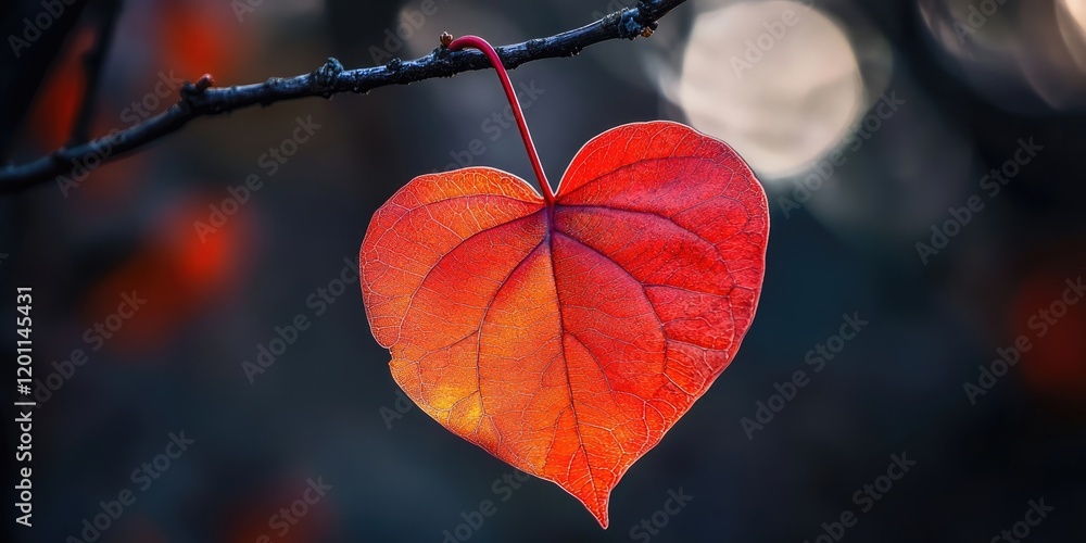 Poster vivid heart-shaped red leaf hanging from a dark branch against a blurred background of warm orange a