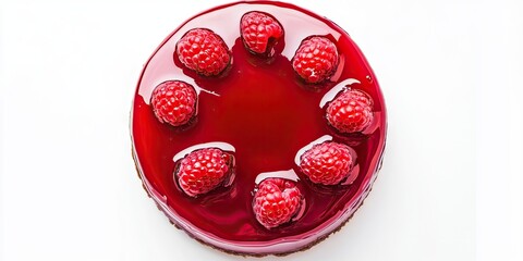Raspberry jelly cake top view with vibrant red jelly and fresh raspberries arranged in a circle on a bright white background ample copy space.