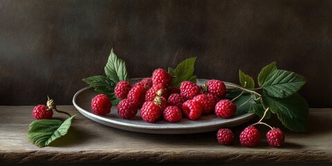 Fresh red raspberries elegantly arranged on a rustic plate with lush green leaves, set against a textured dark wooden background.