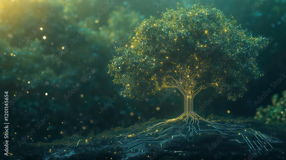 Poster glowing tree with intricate roots on digital ground, ethereal forest background.