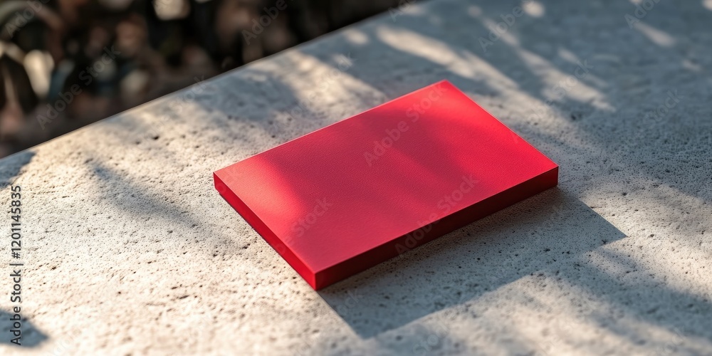 Poster red business card positioned centrally on a light stone surface casting gentle shadows with greenery