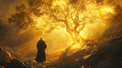 Moses depicted with a sense of awe before the burning bush, the divine light creating a dramatic and spiritual setting
