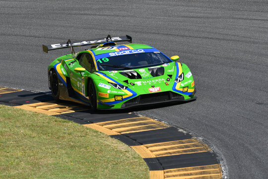 Scarperia, Italy - July 13th 2024: Lamborghini Huracan GT3 EVO 2 of team VSR drive by Cazzaniga Riccardo and Liberati Edoardo in action during ACI CSAI Racing Weekend 2024 at Mugello Circuit.