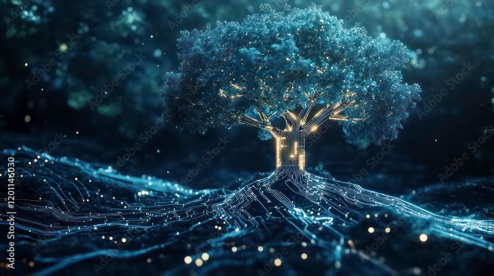 Poster glowing digital tree with intricate roots on a dark, textured surface.