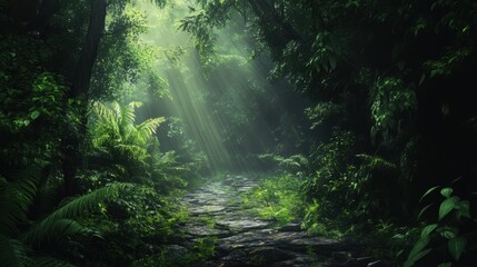 Fototapeta premium Sunlight filters through lush tropical forest creating a serene path illuminated by nature's beauty