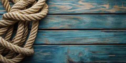 Fototapeta premium Coiled marine rope in natural fibers arranged on a rustic weathered blue wooden surface creating a textured background for nautical themes