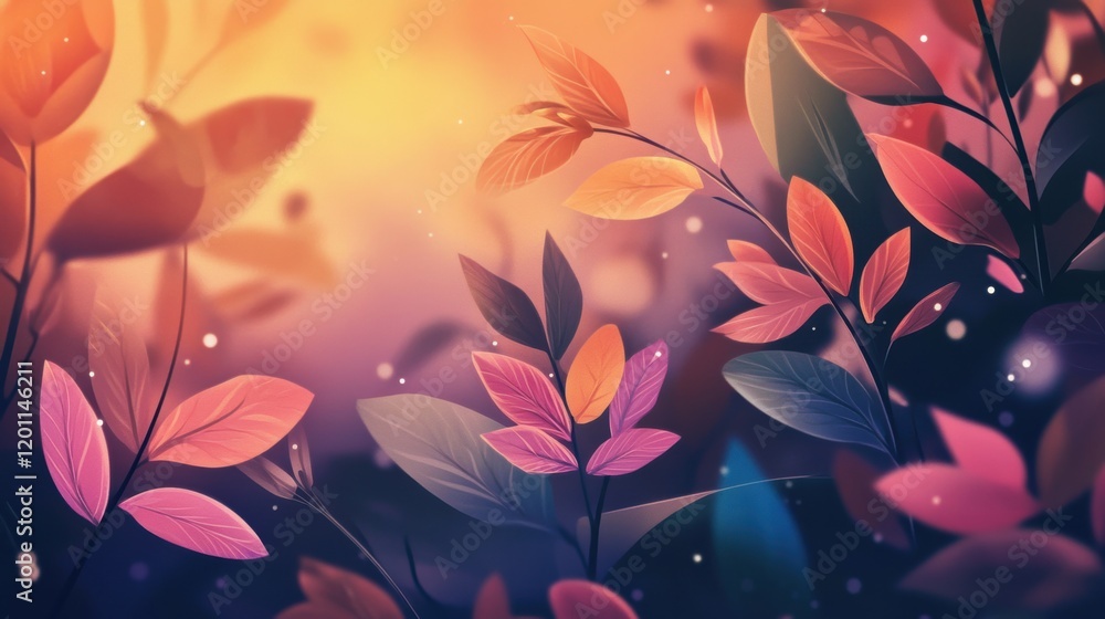 Poster colorful foliage illuminated by soft light in a serene forest setting during twilight hours