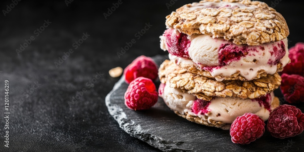 Poster delicious raspberry swirl ice cream sandwiches on a dark slate plate with fresh raspberries in the f