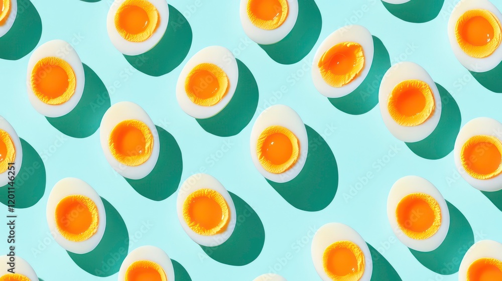 Poster Halved hard-boiled eggs arranged in a repeating pattern on a light blue background, creating a vibrant and visually appealing image.