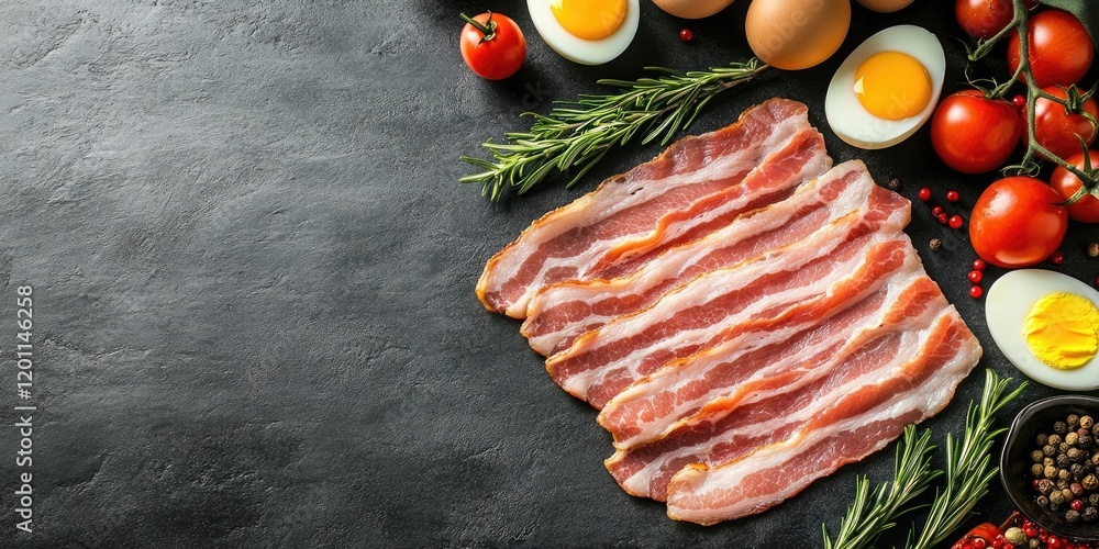 Poster raw sliced beef bacon arranged neatly on dark concrete background with eggs, cherry tomatoes, and ro