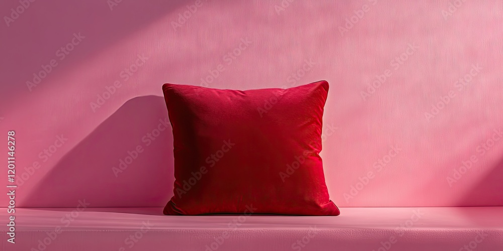 Aufkleber vibrant red velvet cushion centered on soft pink backdrop with subtle shadows creating depth and war