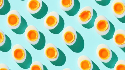 Halved hard-boiled eggs arranged in a repeating pattern on a light blue background, creating a vibrant and visually appealing image.