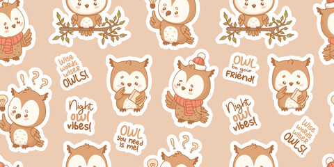 Bird Seamless pattern. Cute cartoon owl character with cool slogans stickers on beige background. Horizontal template with wild funny forest feathered. Vector illustration. Kids collection
