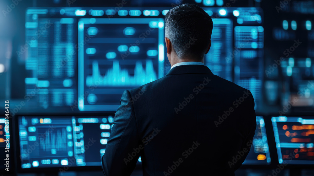 Poster business analyst engaged with a vibrant digital display showcasing intricate financial charts and gl