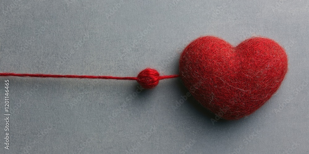 Poster red felt heart connected by a red string on a textured gray background symbolizing love and valentin