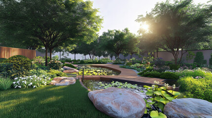 Landscape design and gardening service banner with ecology nature green tree and plant. Landscaping maintenance of eco park, city garden and square promo poster of landscape architecture studio