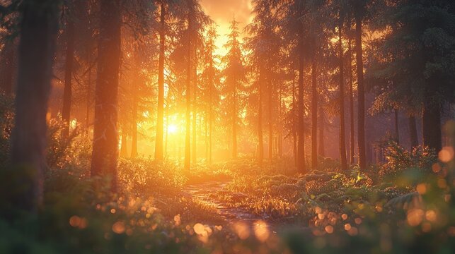 Sunset forest path, golden light, nature scene, background bokeh, idyllic - Powered by Adobe