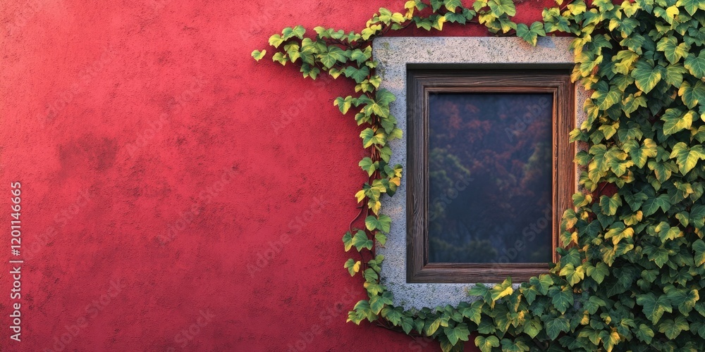 Poster vibrant red wall featuring a stone-framed window partially covered by lush green common ivy creating