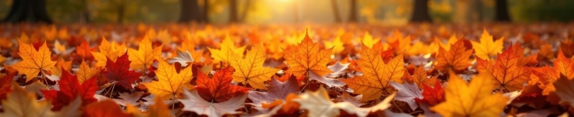 Fototapeta premium Crisp, fallen maple leaves blanket the ground , carpet, golden