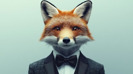 A red fox in a suit and bow tie, looking directly at the camera. (1)