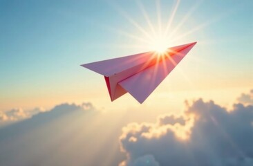 Origami paper airplane flies across the blue sky in the rays of the setting sun