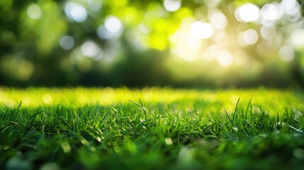 Naklejka premium Vibrant green grass glistens with morning dew under the soft sunlight in a peaceful outdoor setting