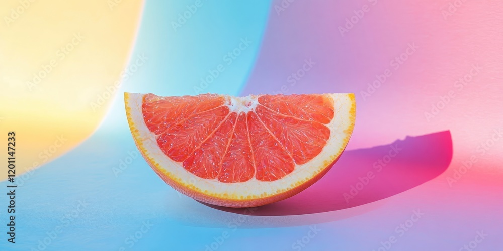 Poster ripe grapefruit slice in vibrant pink and blue backdrop with soft curves and subtle shadows emphasiz